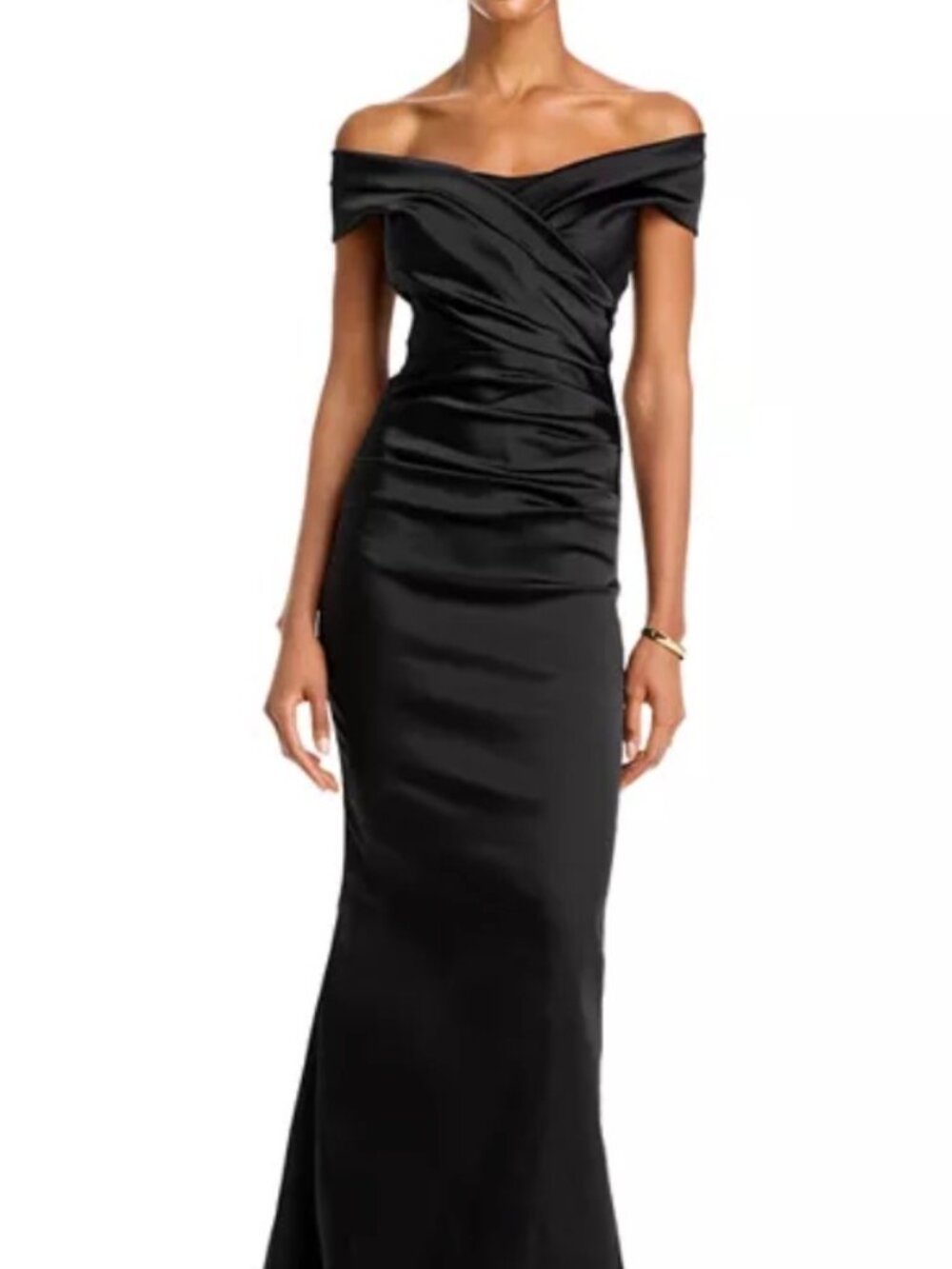 NWT Teri Jon by Ricki Freeman Satin Stretch Black Off-the-Shoulder Gown. Size 8